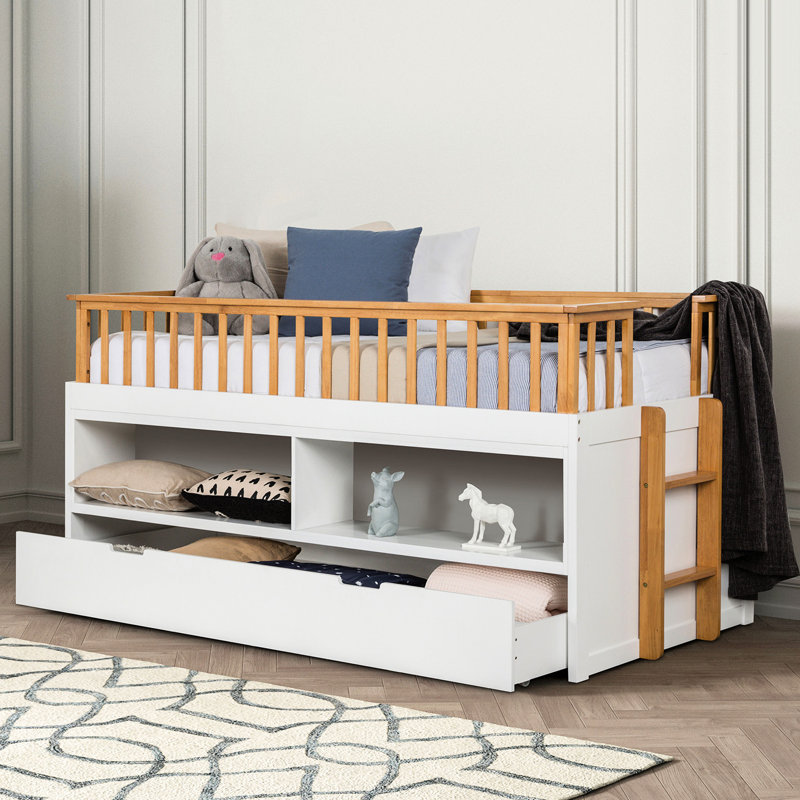 Lit-bateau simple transitionnel avec lit gigogne, chêne et blanc