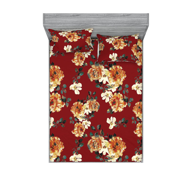 Drap-housse et taies décoratives 3 pièces Ambesonne, Rubis, ambre, gris, bleu sarcelle, / floral