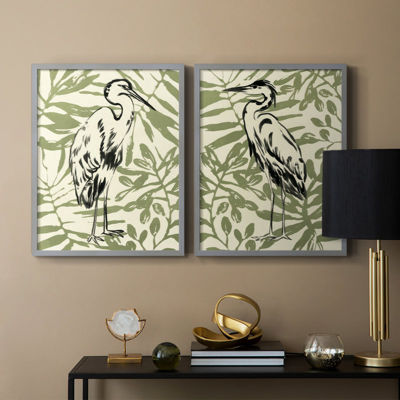 «Retro Parlor Heron III», reproduction encadrée de qualité supérieure - prête à être accrochée - aucun clou requis - aucun clou requis
