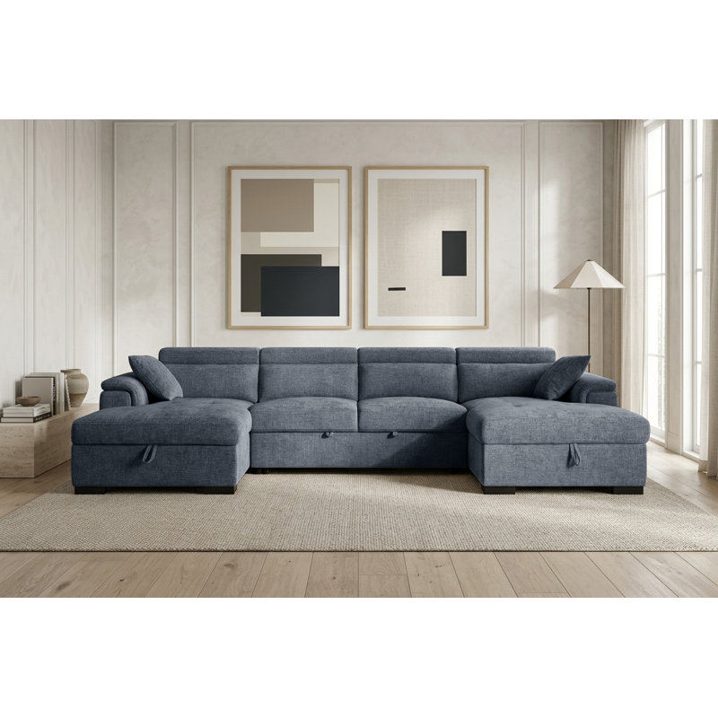 4 Seater Chenille Sofa Bed with Storage, Blue Chenille