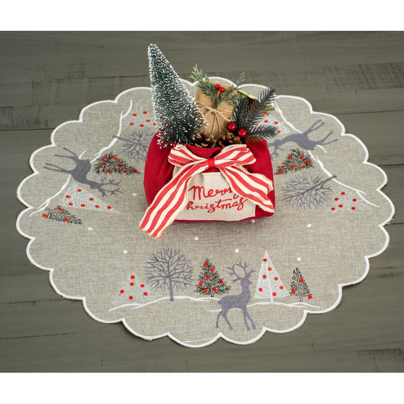 Jovonny Embroidered Reindeer Grey Table Topper, 23" Round