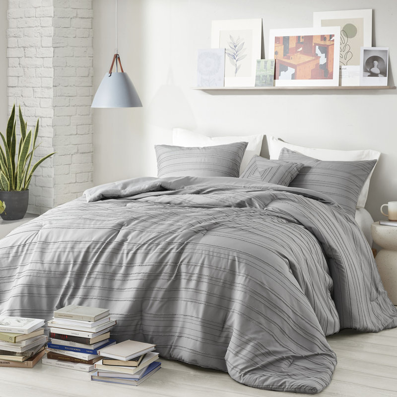 4 pièces d'édredon pour lit double / grand lit gris avec pinces, coffre-fort, 2 taies décoratives, lavable à la machine, motif tissé et coussin décoratif, preuve, étiqueté, avec motif