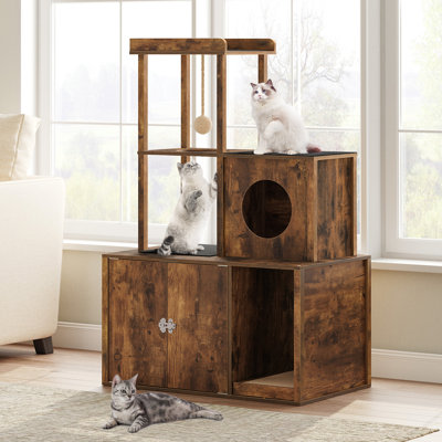 Cat Tree Hidden Cat Litter Box Furniture With Condo And Plush Ball