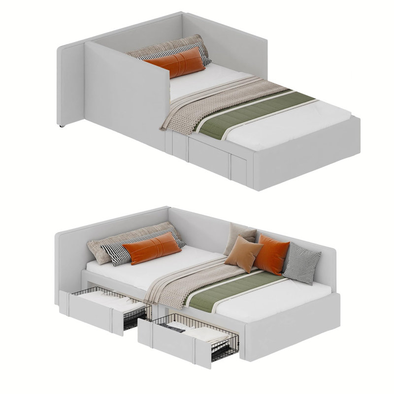 Structure de lit simple d'angle avec tête de lit, rails de lit et tiroirs de rangement, canapé-lit rembourré en velours avec garde-corps pour chambre à coucher, chambre d'amis, installation réglable