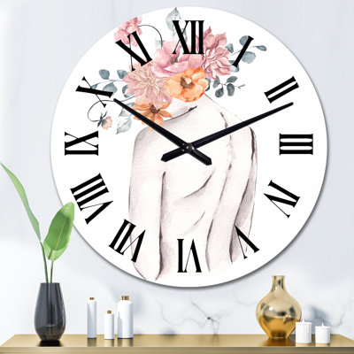 Woman Silhouette With Red And Purple Flowers X - Glam Wall Clock