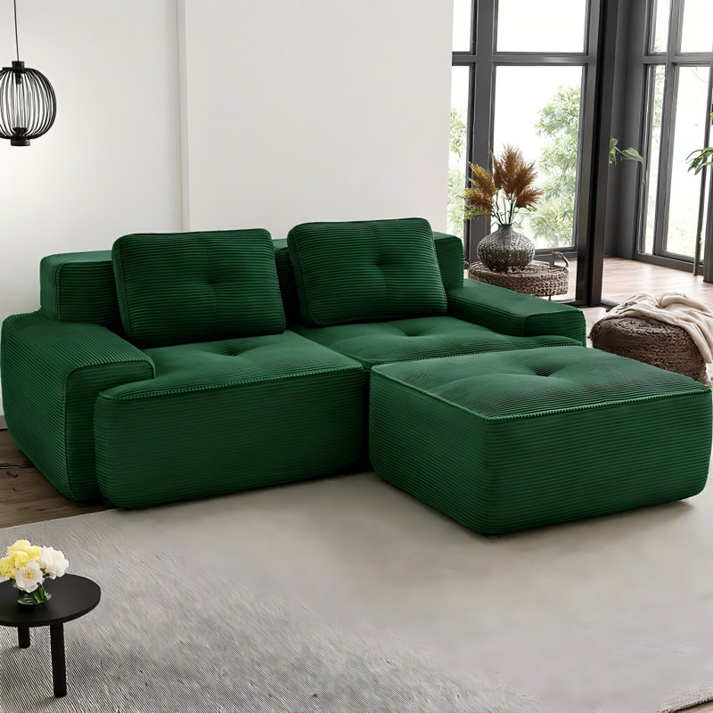 82" Modern L-Shaped Modular Sectional Sofa with Movable Ottoman, Premium Corduroy Fabric 2-Seater Couch with Deep Seat, Tufted Design & No Assembly Required Anti-Slip Base