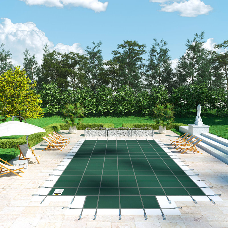 Pool Safety Cover Fits 16x32ft Rectangle Inground Pools, Safety Pool Cover with 4x10ft Center End Step, Mesh Solid Pool Cover with Drainage Holes for Swimming Pool, Winter Safety Cover, Green