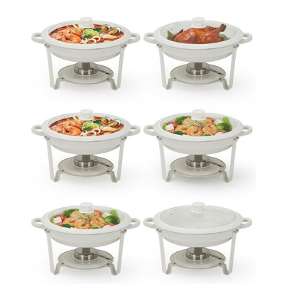 5QT Round Chafing Dish Buffet Set of 6 – Transparent Lids, Stainless Steel Frame, White Coating for Parties, Weddings & Catering