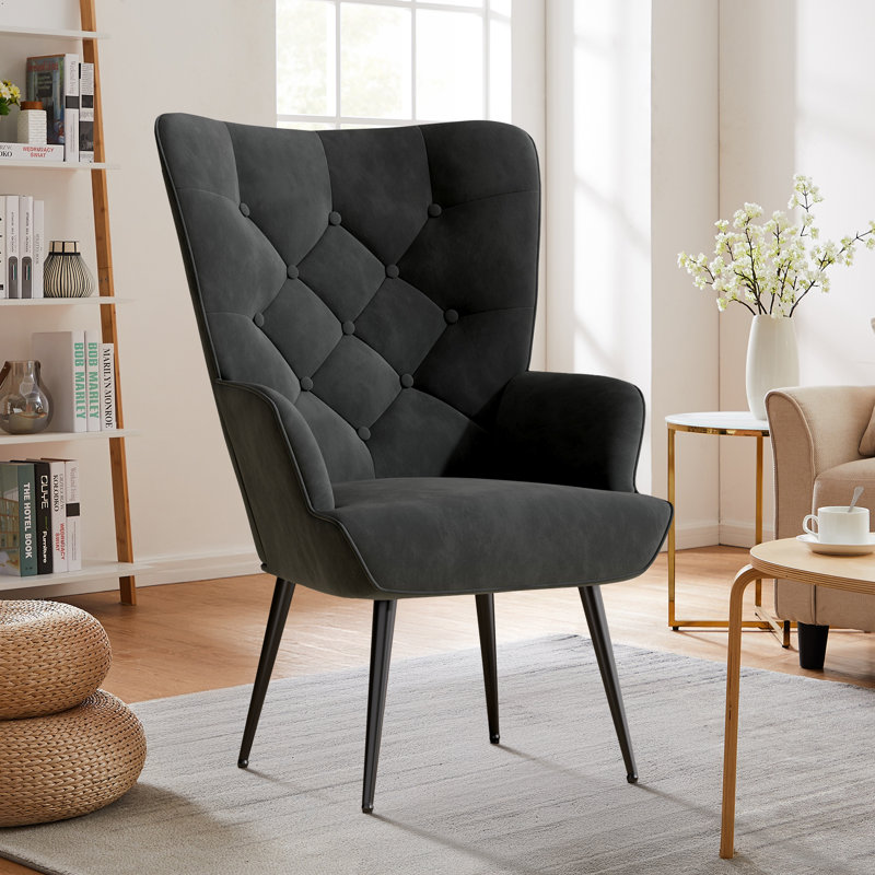 Bastoam 50Cm Wide Tufted Velvet Wingback Chair, Black, 1