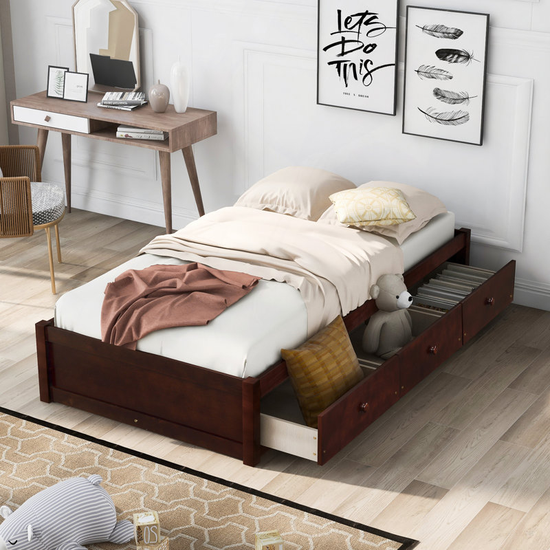 Lit moderne, lit plateforme avec 3 tiroirs de rangement, Cerisier