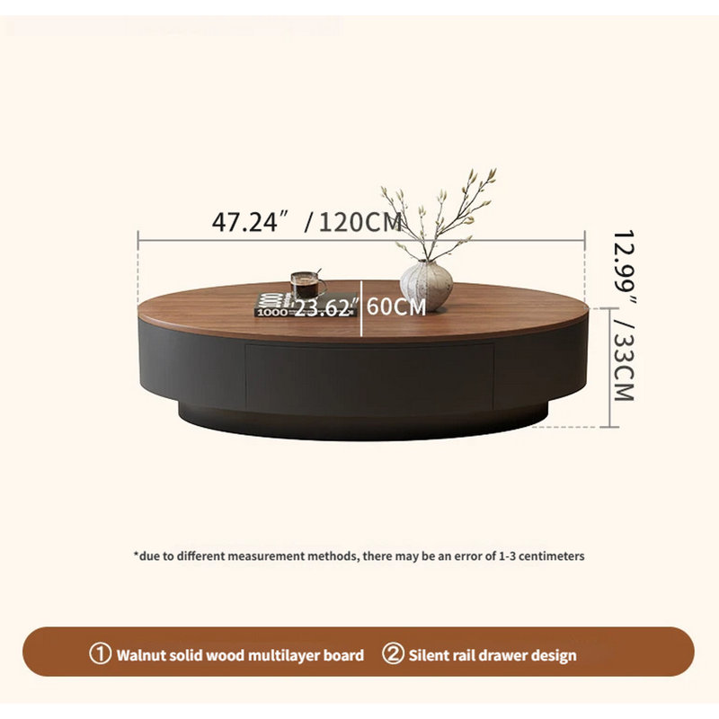 Table basse en noyer massif Mid-Century moderne avec tiroir de rangement en bois massif | Table basse ovale à profil bas | L 47,24 po x H 12,99 po