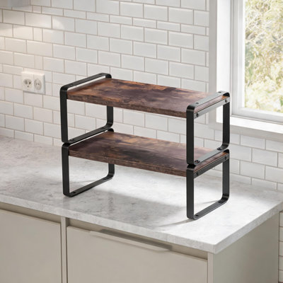 MDF Wood 2-Tier Storage Shelf, Small Space Organization for Kitchen and Bathroom, Matte Black Metal Frame, Compact Countertop Storage