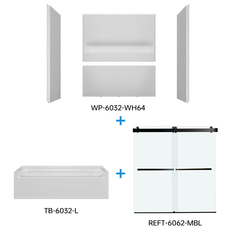WOODBRIDGE 60" x 32" Alcove Soaking Bathtub & 4-Piece Direct-to-Stud Surround with Left Drain & 57.5–60" Frameless Double Sliding Tub Door with Soft-Close, Clear Tempered Glass, Matte Black