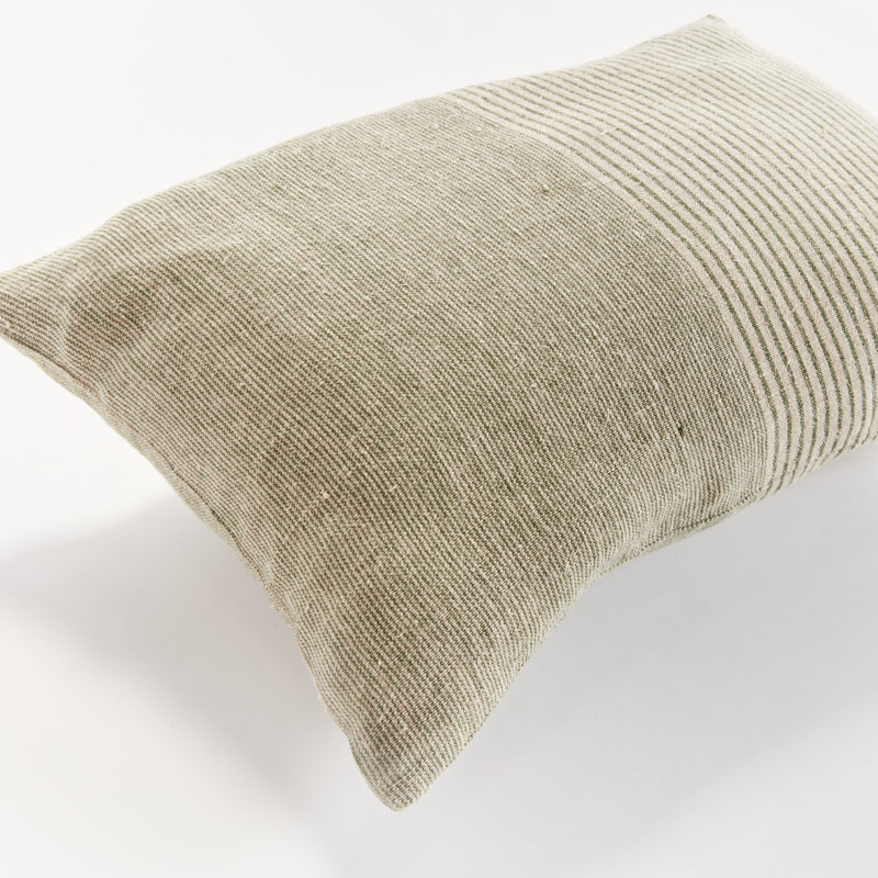 Jules European Flax Fiber Pillow Cover & Insert, Rectangle 14" H x 20" W, Knife Edge, Green/Ivory/Pinstripe