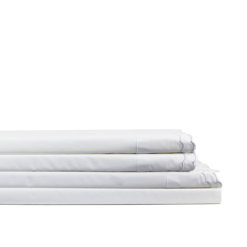 Arli Double Scalloped 300 Thread Count 100% Cotton Percale Sheet Set, Queen, White/ White