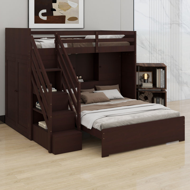 Kids Bunk Bed with Storage Stairs, Wardrobe, USB and LED Light for Bedroom, Espresso