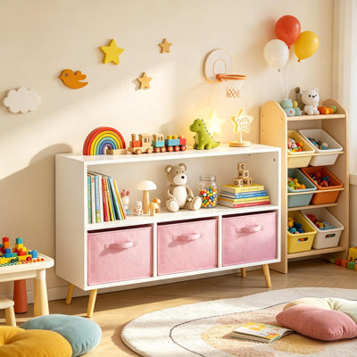 Kids Toy Storage Bookcase, 35.43" Wide Open Shelf Toy Organizer with 3 Removable Fabric Drawers & Wooden Legs, White Storage Cabinet for Nursery, Playroom, Bedroom