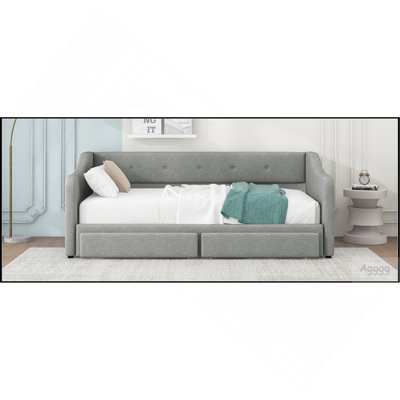 Lit de jour simple tapissier très grand avec deux tiroirs, gris