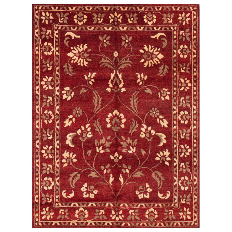 Tapis rouge foncé en laine noué à la main de conception unique 8 pi x 11 pi New Age Fulda