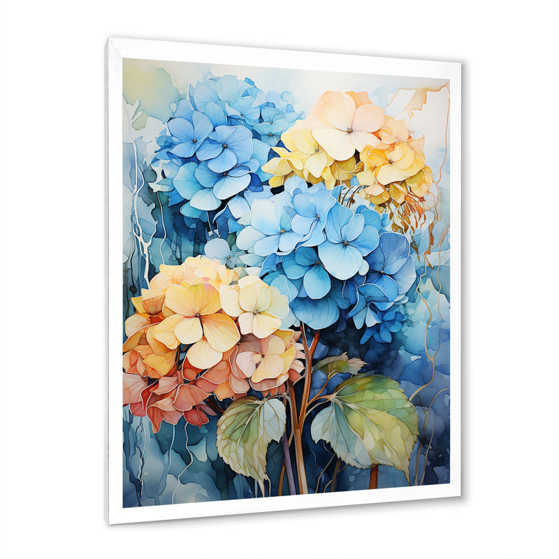 Hydrangea Blooms en bleu et jaune, reproduction sur toile, H 32 po x l 24 po x P 1 po, Cadre photo blanc