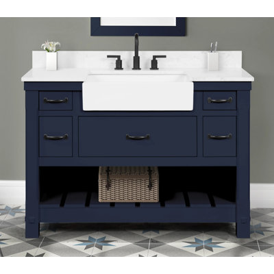 Meuble-lavabo simple 48 po Dilkhush avec comptoir en marbre naturel de Carrare de qualité supérieure, bleu marine, pré-assemblé
