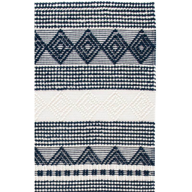 Southwestern Hand Woven Wool/Cotton Southwestern Rug, Runner 2'3" x 6', Dark Navy/Ivory