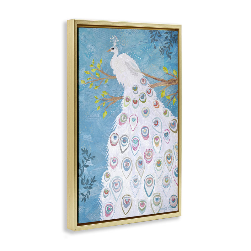 Toile flottante encadrée à motif blanc paon brun par Jennifer Peck, H 25 po x l 17 po, Cadre flottant noir de jais