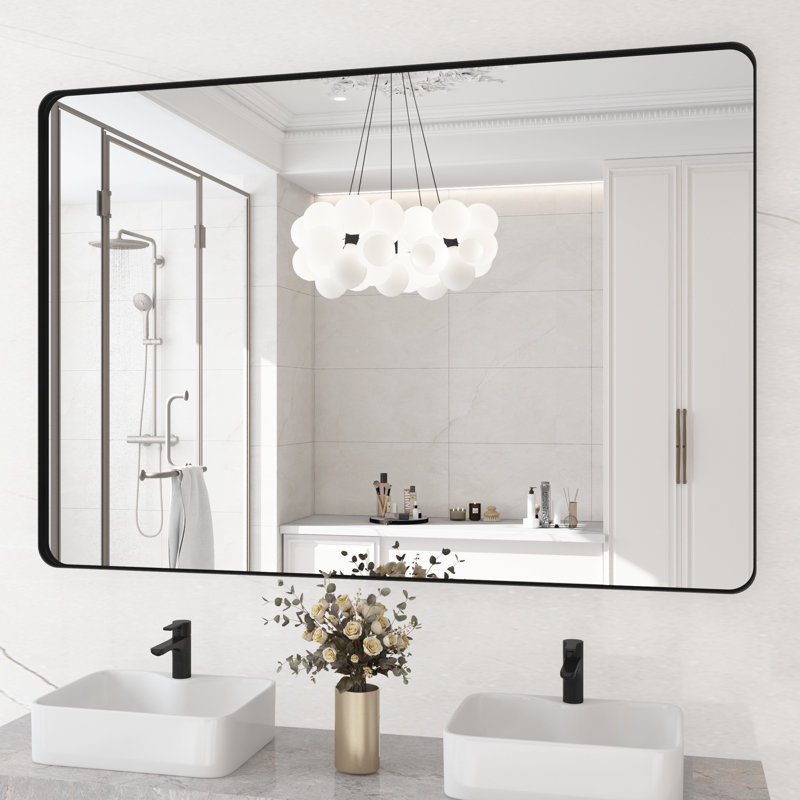 Lesamuel Filleted Corner Wall Mounted Bathroom and Vanity Mirror with Aluminum Frame, 36" x 48", Black, Rectangle