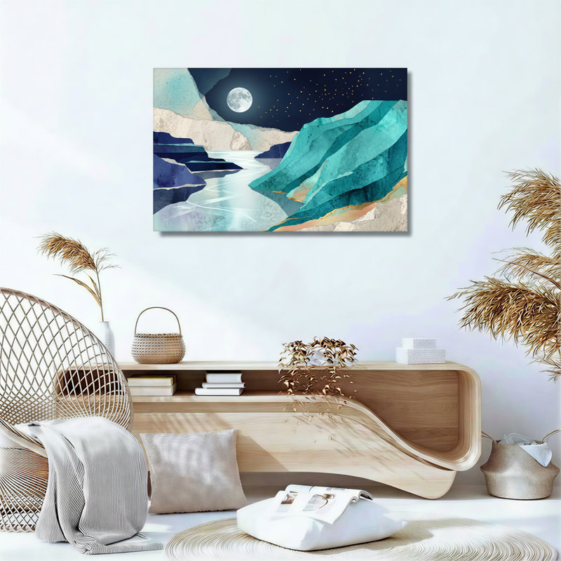 Impression sur toile Layered Blue and Teal Mountain River Under Full Moon, H 36 po x l 48 po