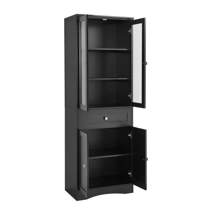 Armoire de rangement haute pour salle de bain, armoire avec quatre portes et tiroirs, tablette réglable, panneau de fibres à densité moyenne, noir