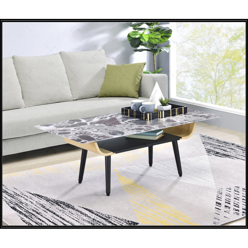Landon Coffee Table With Glass Marble Texture Top And Bent Wood Design, Black