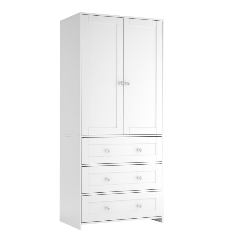 2-Door Sandrea With Mirror, Wardrobe Closet With 3 Drawers, Blanc