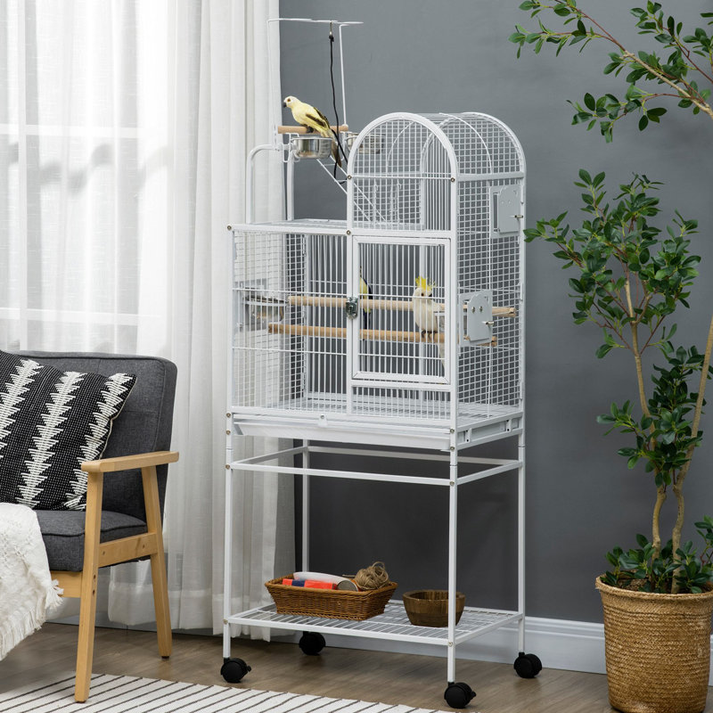Cage à perroquet de 55 po, acier blanc, crochets d'assimilation, perchoirs, gobelets à nourriture, support roulant pour volière de tourtereaux, perroquets