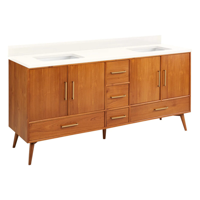 72" Novak Double Bathroom Vanity Set with Rectangular Undermount Sinks, Natural Teak, Arctic White Quartz, No Faucet Hole