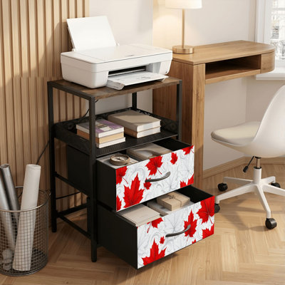 Table de chevet 2 tiroirs avec station de charge, table de chevet pour chambre à coucher avec ports USB, tablette ouverte noire, table de chevet avec imprimé tourbillon de feuille d'érable rouge et blanc