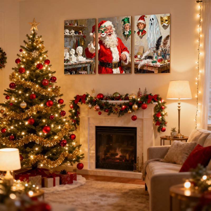 Ensemble de 3 impressions sur toile, atelier de Noël, père Noël, atelier, décorations de Noël, H 24 po x l 48 po