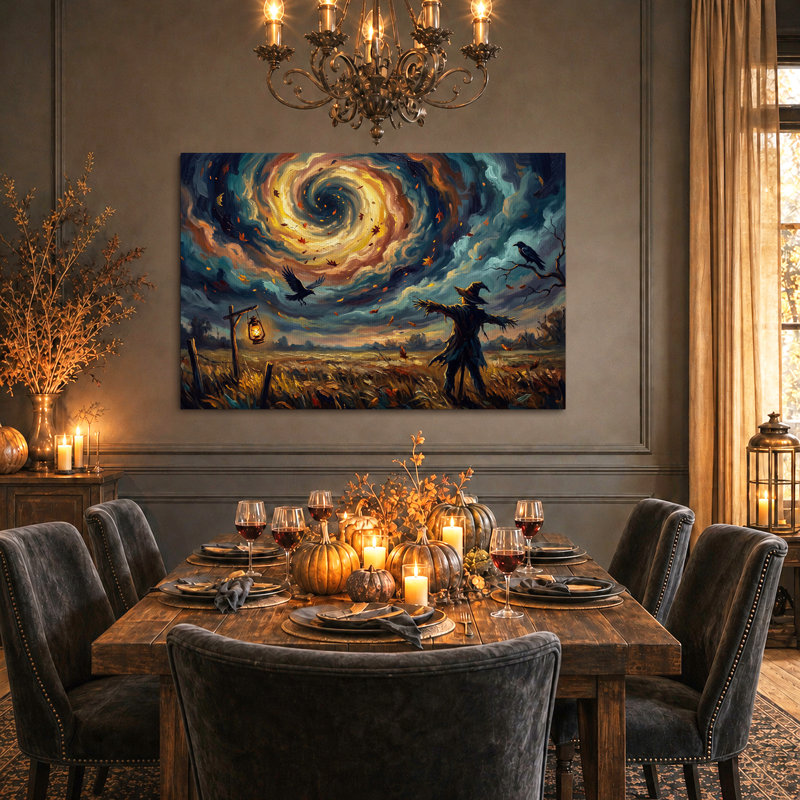 «Scarecrow and Crows Under Swirling Autumn Sky», art mural sur toile, H 24 po x l 36 po
