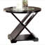 Table basse d'appoint de style contemporain avec base unique en forme de croix et plateau en verre de 5 mm soutenu par une structure en bois massif au fini espresso
