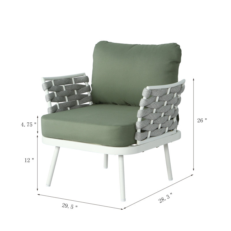 Kris Outdoor Woven Rope Lounge Chairs With Steel Frame & Cushions, Green Cushion/White Frame