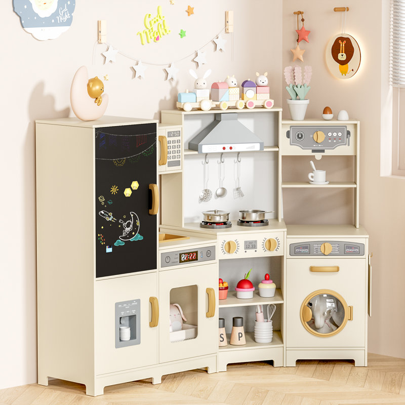 Wooden Corner Play Kitchen, Kitchen Playset With Stove & Range Hood W/lights & Sounds, Sink, Faucet, Ice Maker And Washing Machine, 6-piece Toy Set Age 3+(cream)