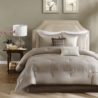 Très grand édredon en taupe charmeuse, 7 pièces, facile à repasser, coussin décoratif