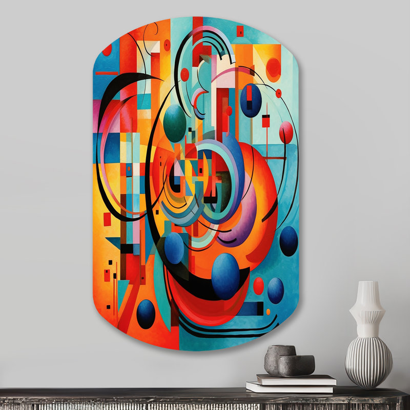 «Orange Blue Geometrie Unleashed IV - Cylindre Abstract Shapes Art», reproduction de sculpture murale asymétrique en métal
