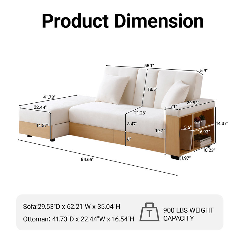 Canapé-lit modulaire convertible 85 po 3-en-1 canapé-lit modulaire réversible avec tiroirs et porte-gobelets et repose-pieds avec rangement et tablettes avec accoudoirs