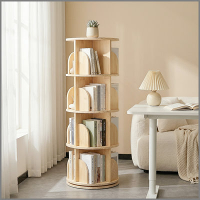 4 Tier Rotating Bookshelf, Round Floor Standing Bookcase with 360° Spinning Storage, Wooden Display Shelf for Books, Décor and Toys, Natural