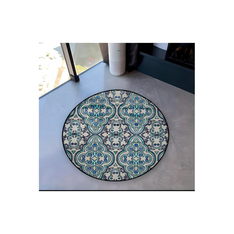 Woven Base Modern Decorative Carpet With Ethnic Pattern Details In Blue Tones, Round 2'8"