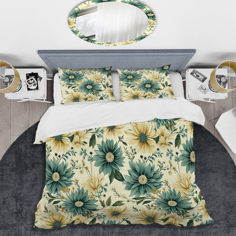 Literie rétro vert et beige Dahlia I, Housse de couette pour très grand lit et 2 très