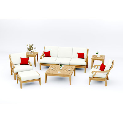 Ensemble de canapé en bois de teck 7 pièces Teakstation: canapé, 2 chaises longues, repose-pieds, table basse carrée et 2 tables d'appoint avec coussins en tissu extérieur Sunbrella # 5404 toile naturelle