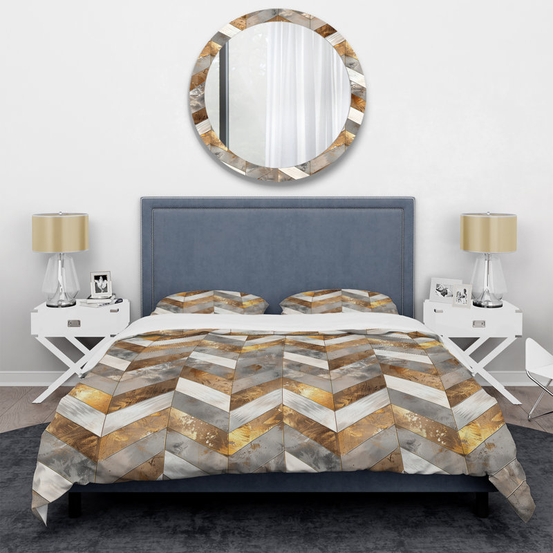 Ensemble de housse de couette à chevrons gris et or gris, Housse de couette très grand + 2 taies décorativ