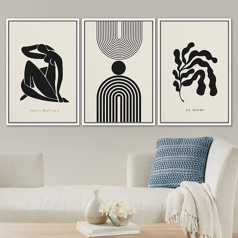 «Black Matisse Dancer Lar Gerbe Plant Mid Century Modern», art mural encadré sur toile, 3 pièces, Cadre blanc