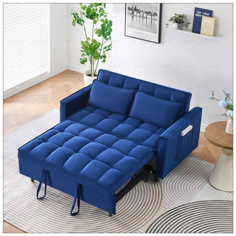 Modern Velvet Loveseat Futon Sofa with Reclining Backrest, Toss Pillows, Pockets, and Convertible Sleeper Function for Living Room